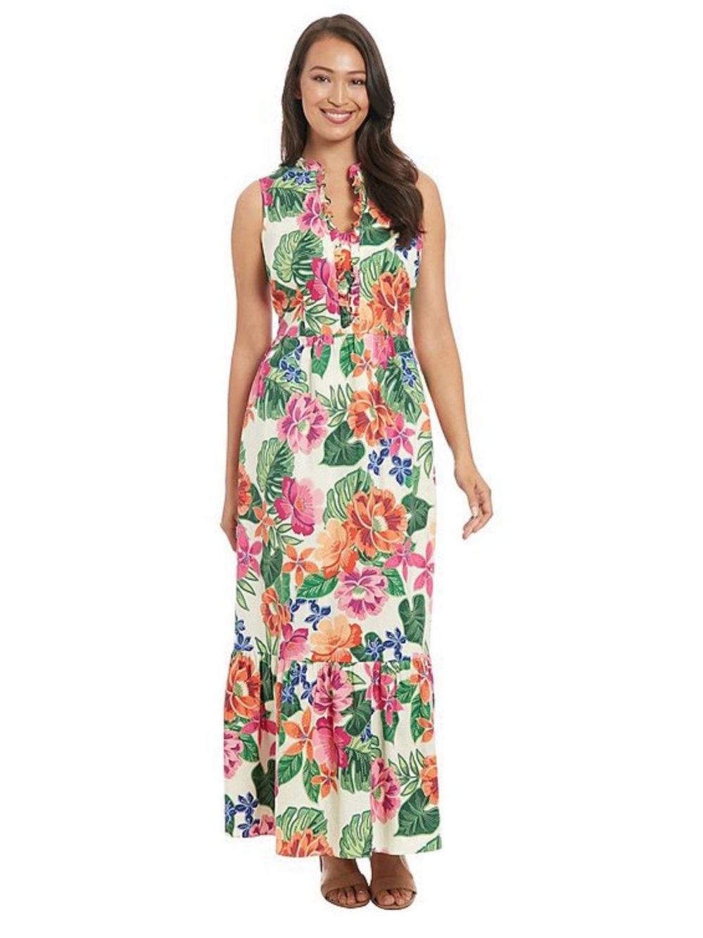London Times Floral Maxi Dress in Cream, Pink, Orange, Green